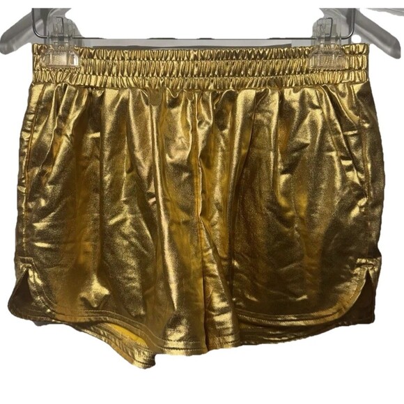 SweatyRocks Hot Pants Shorts Pockets Elastic Waist Shiny Metallic Gold Large - Picture 1 of 12